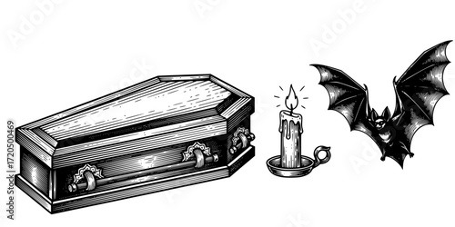 Vintage engraved illustration set of coffin, candle, and bat for halloween design