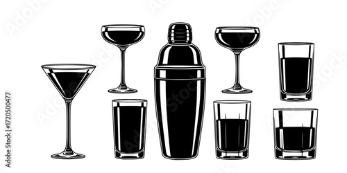 Vintage cocktail glasses and shaker engraving set