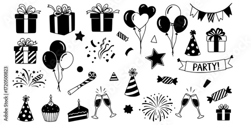 Hand drawn doodle icons set of gift boxes, balloons, and party elements