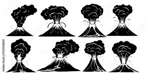 Grunge black and white volcano eruption illustrations