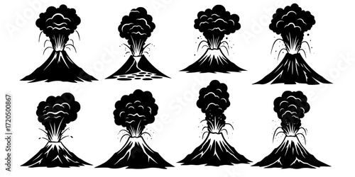 Grunge black and white volcano eruption illustrations