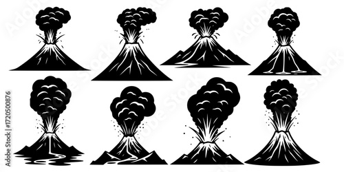 Grunge black and white volcano eruption illustrations