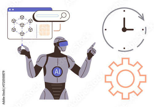 Advanced robot with AI badge interacting with data graph, search bar, clock, and gear. Ideal for technology, innovation, automation, optimization machine learning robotics workflow. Simple flat