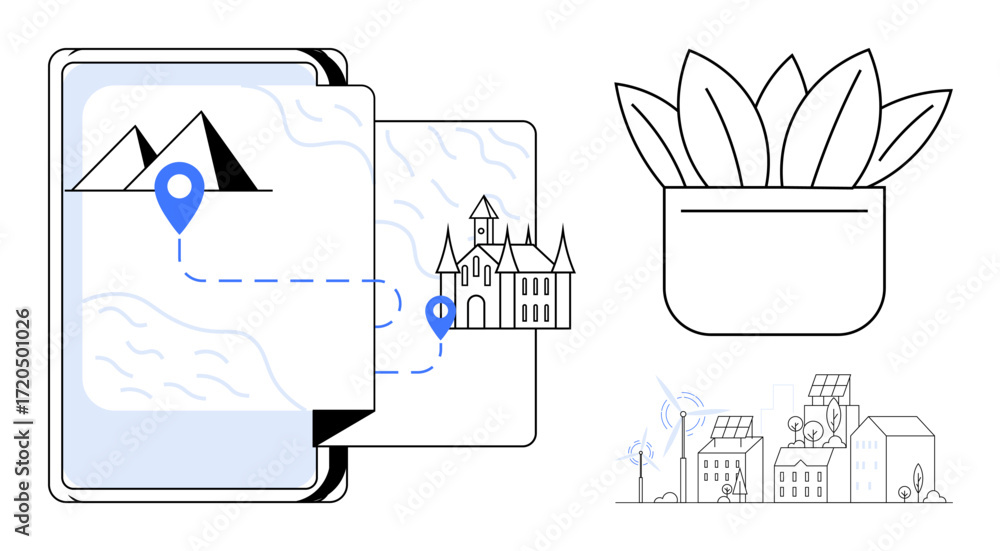 custom made wallpaper toronto digitalMap on digital tablet with location pins, a scenic route between mountains and castle, potted plant, sustainable cityscape with solar panels, wind turbines. Ideal for travel, navigation