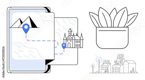 Wallpaper Mural Map on digital tablet with location pins, a scenic route between mountains and castle, potted plant, sustainable cityscape with solar panels, wind turbines. Ideal for travel, navigation Torontodigital.ca