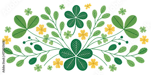 A decorative arrangement of green leaves, clovers, and yellow flowers on a black background design element