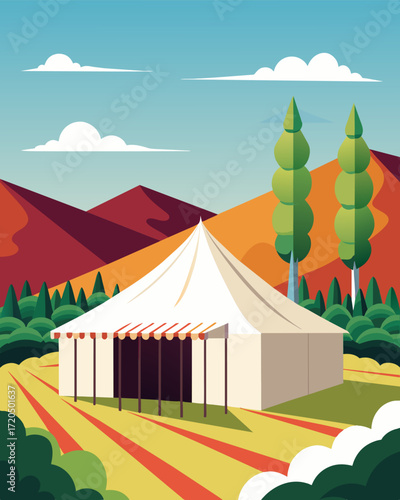 A large white tent has been set up in the vineyard serving as a temporary meeting space for a busy team of remote workers.. Vector illustration