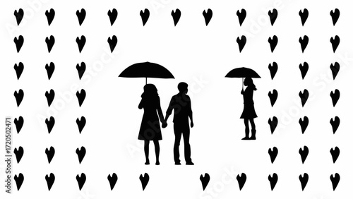 Romantic couple walking together in the rain, surrounded by heart-shaped raindrops, symbolizing love and companionship during challenging times
