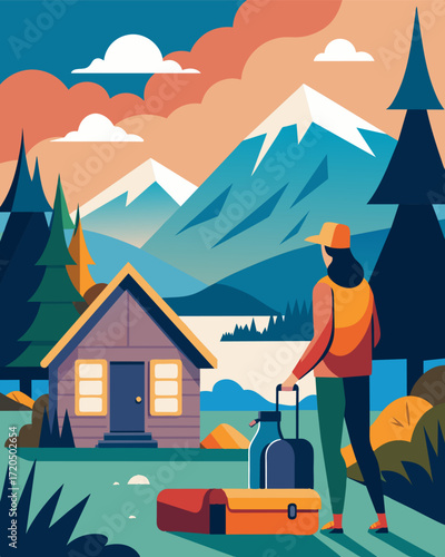 As I pack up my belongings and say goodbye to my lakeside chalet I reflect on the beauty and inspiration this digital nomad lifestyle has brought into my life.. Vector illustration