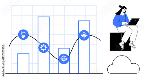 Bar graph with seasonal symbols, rising and falling trend lines, a woman working on a laptop, and a cloud. Ideal for data analysis, remote work, weather forecast, productivity, statistics
