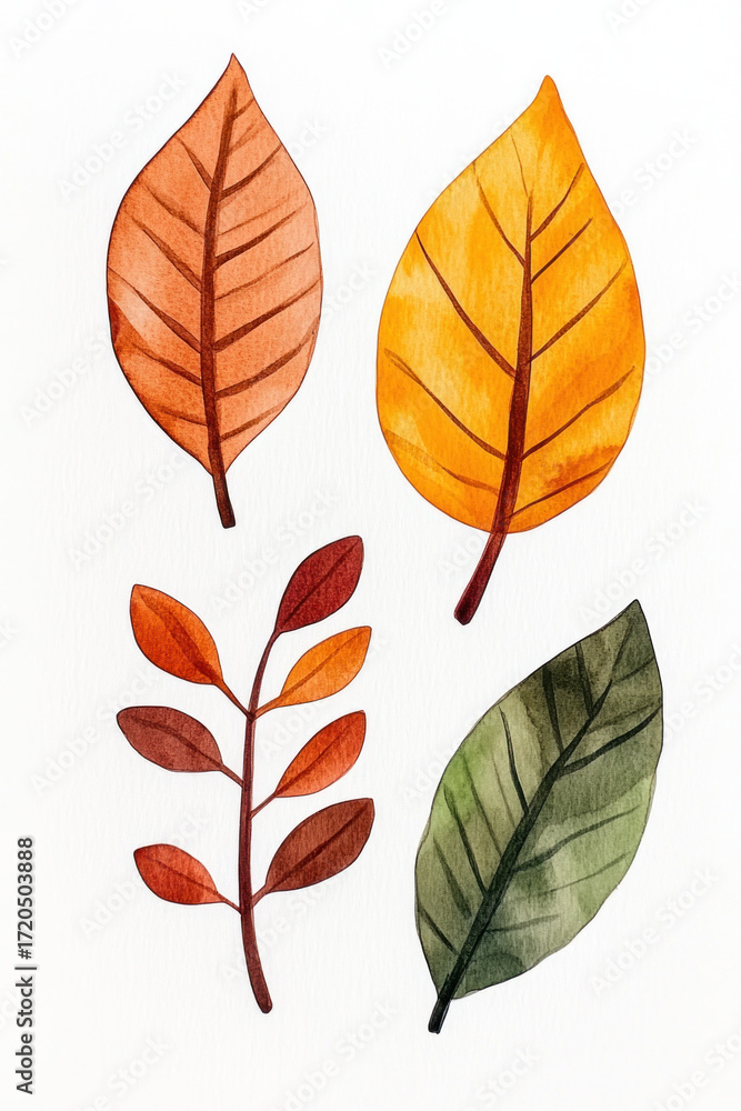 Obraz premium Watercolor leaf study featuring four autumn leaves in warm orange, yellow, and green tones with delicate veins and soft textures on a white background.