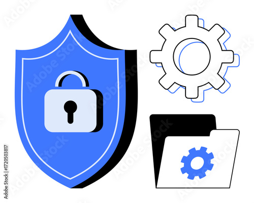 Shield with lock symbolizing security, gear representing system processes, and folder for organized data. Ideal for security, technology, IT, software, data management, organization flat metaphor