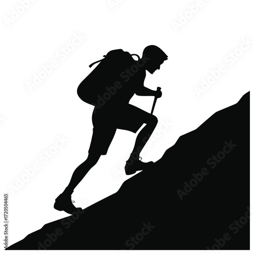 Hiker climbing steep trail silhouette