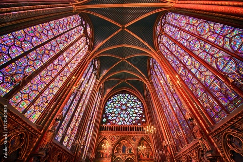 Wonderful stained glass windows inside the Sacred Chapel next to Notre Dame Cathedral on the Ile de la Cite, Paris, France.