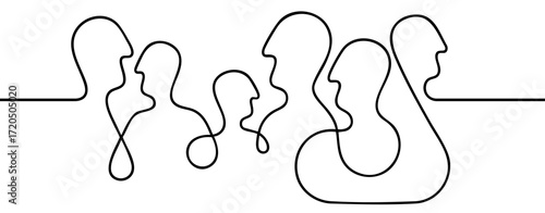 human faces drawn with one continuous line, communication, dialogue, interaction, teamwork, relationships, social connection
