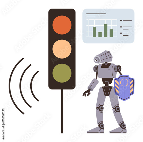 Robot with shield overseeing traffic light emitting sound waves, analyzing bar chart data. Ideal for AI, automation, traffic safety, robotics, data analysis, innovation technology concepts. Simple