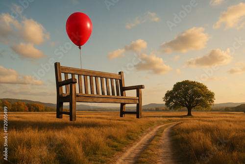 Surreal floating park bench with red balloon over field