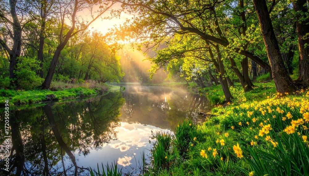 custom made wallpaper toronto digitalSunlight streams through trees, illuminating a river lined with flowers, creating a serene forest scene