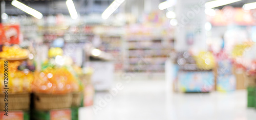 Blurred grocery store supermarket background with bokeh light, Blur fresh food at product shelves in market backdrop, business banner, wallpaper