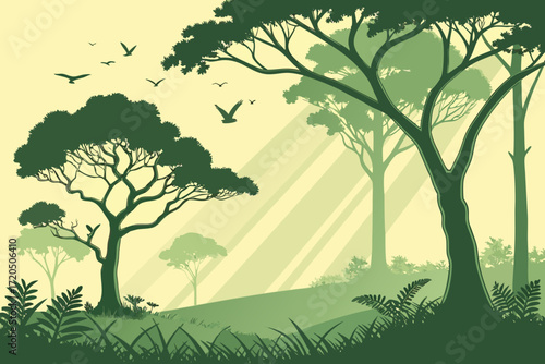 Enchanting forest scene with birds flying through sunlit trees, a peaceful nature escape, evoking tranquility and adventure in a wild landscape