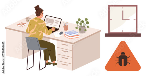 Woman working at desk on computer, addressing software error. Desk accessories, potted plant, clock, and bug warning sign highlight workplace and problem-solving. Ideal for technology, programming