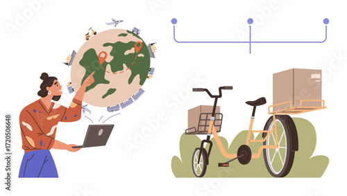 Person managing worldwide shipping locations on laptop, globe with map points, cargo bike for sustainable deliveries. Ideal for logistics, e-commerce, smart tech, sustainability, innovation, remote