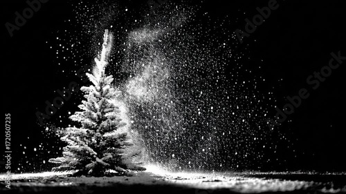 White Christmas tree with a vibrant powder explosion against a dark background, Generative AI

