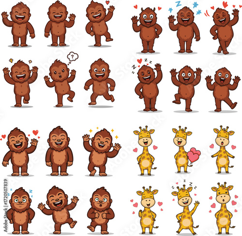 Cartoon collection of playful sasquatch and giraffe characters in various emotive poses