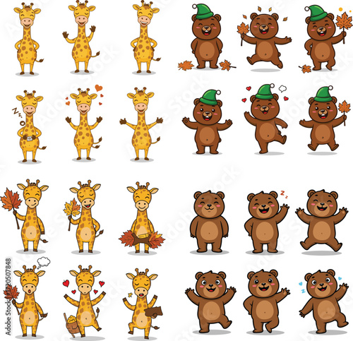 Cartoon giraffes and bears with autumn leaves in various poses