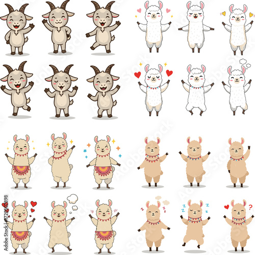 Cute cartoon goats and llamas with hearts, question marks and sleep z's