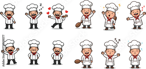 Cartoon chef poses: standing, sleeping, happy, with spoon, waving