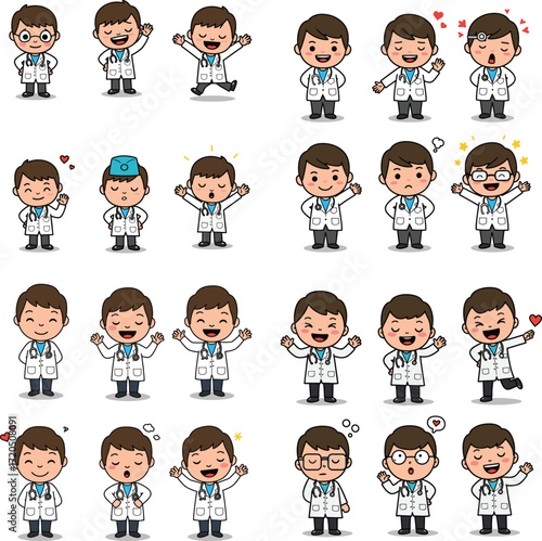 Cartoon doctors with different emotions and poses vector illustration set