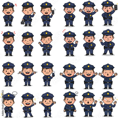 Cartoon police officers in various poses and expressions vector set