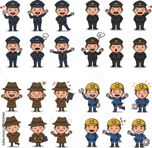 Cartoon characters of pilots, detectives, and construction workers in various poses and emotions