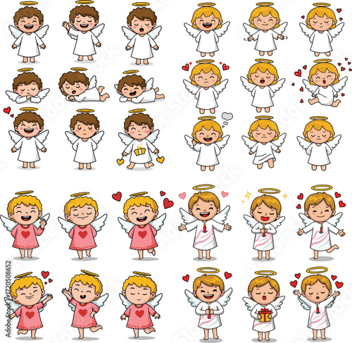 Cartoon angels collection. Different poses and expressions of cheerful angels with wings and halos.
