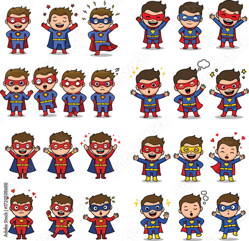 Cartoon superhero boy character in different poses and emotions illustration