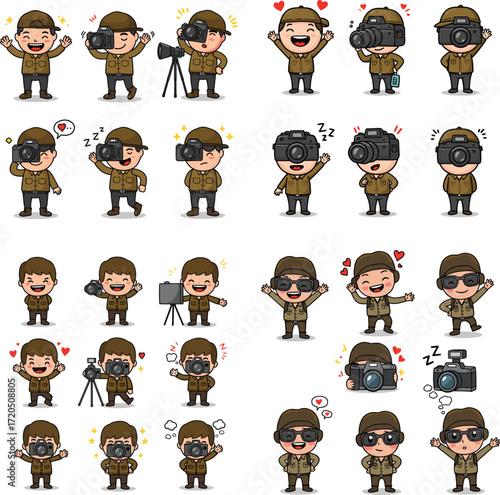 Cartoon photographer collection in various poses and emotions, with cameras and accessories