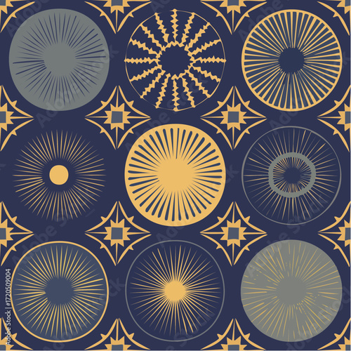 sunburst star medallion radiant medallion repeat for labels and wall art — graphic focal tiles that appeal to gift and lifestyle markets.