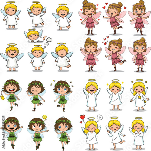 Cartoon illustration of angels and fairies in different poses and expressions