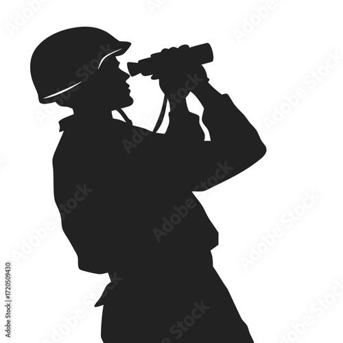 Soldier looking through binoculars silhouette