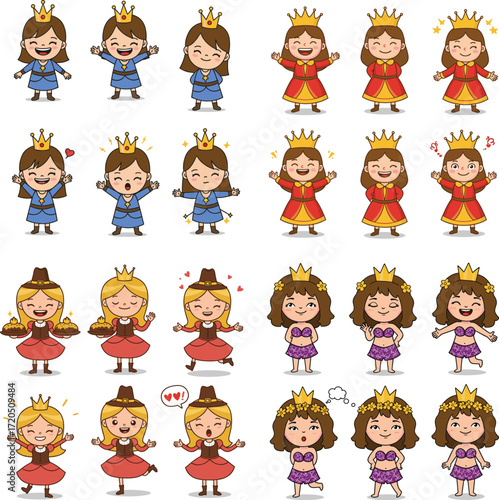 Cartoon princesses collection with different activities and dresses vector illustration