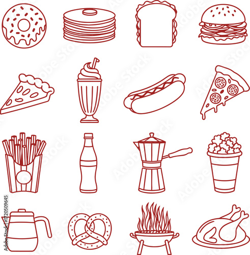 Food and Drink Line Art Collection: Burger, Pizza, Coffee & More