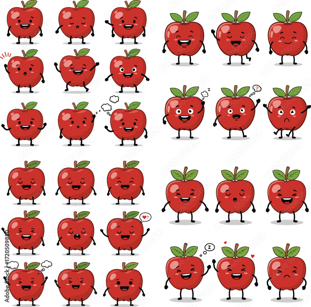 Fototapeta premium Cartoon apple characters with different emotions and poses. Vector illustration set.