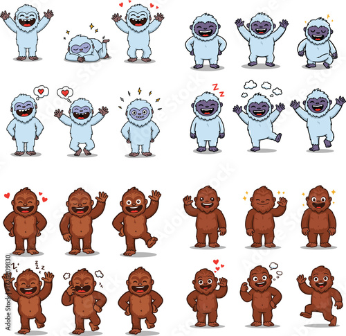 Cartoon bigfoot yeti characters collection different emotions