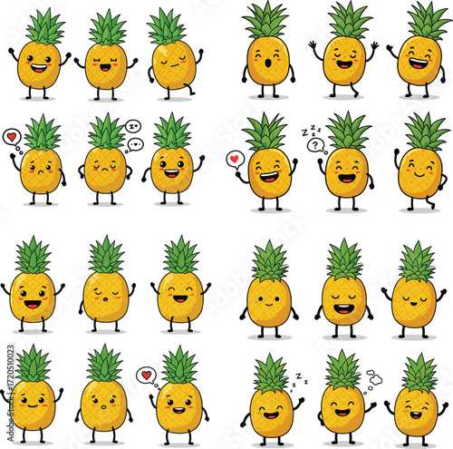 Cartoon pineapple characters with different expressions, vector set