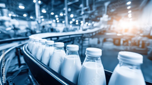 Milk Bottles On Conveyor Belt In Modern Dairy Factory