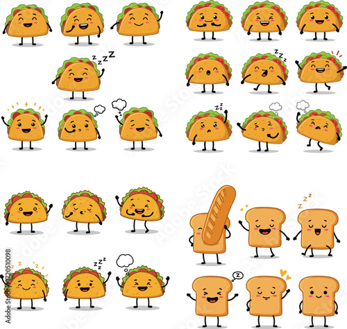 Cartoon taco and bread character set in different expressions vector illustration