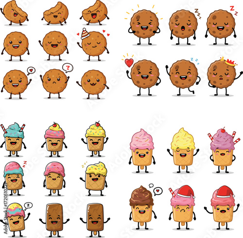 Kawaii food characters. Cartoon cookies, ice cream with arms, legs, expressions. Happy, sad, sleepy.