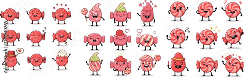 Cartoon candy characters with various expressions and toppings