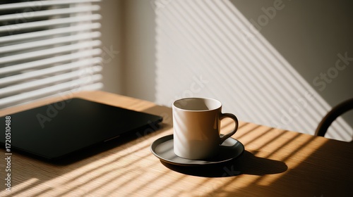 Morning Coffee and Laptop on Wooden Desk in Sunlight